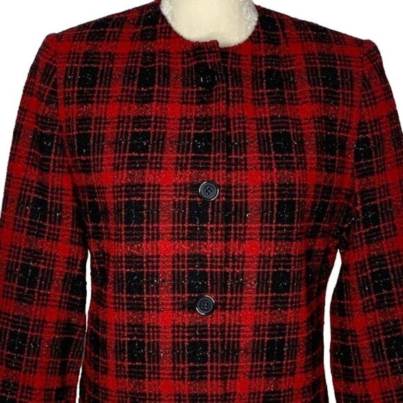Preston York Wool Blend Blazer Jacket 8P Red Plaid Button Up Metallic Lined - Picture 2 of 4